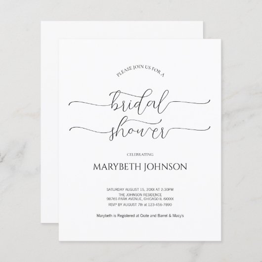 シンプルミニマルScript白黒ブライダルシャワー (正面/裏面)