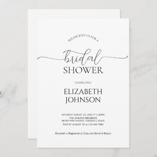 シンプルミニマルScript白黒ブライダルシャワー 招待状 (正面/裏面)