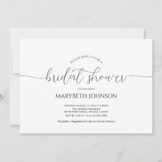 シンプルミニマルScript白黒ブライダルシャワー 招待状 (正面)