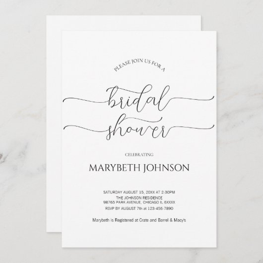 シンプルミニマルScript白黒ブライダルシャワー 招待状 (正面/裏面)