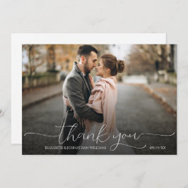 シンプルミニマルScript Black & Whiteの結婚写真 サンキューカード