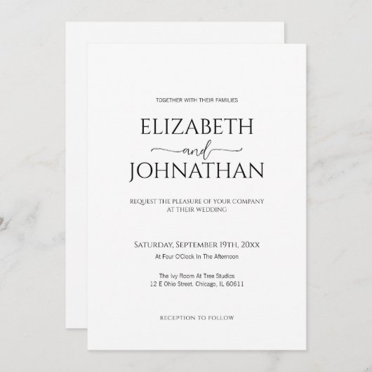 シンプルミニマルScript Black & White 結婚's 招待状 (正面/裏面)