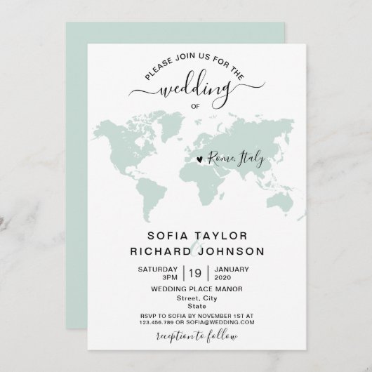 シンプルミニマ結婚リストの目的地の世界地図 招待状 (正面/裏面)
