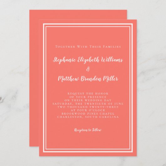 シンプルミニマ結婚リストシックコーラルホワイト 招待状 (正面/裏面)