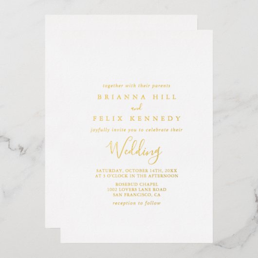 シンプルミニマ結婚リスト金ゴールド 箔招待状 (正面/裏面)