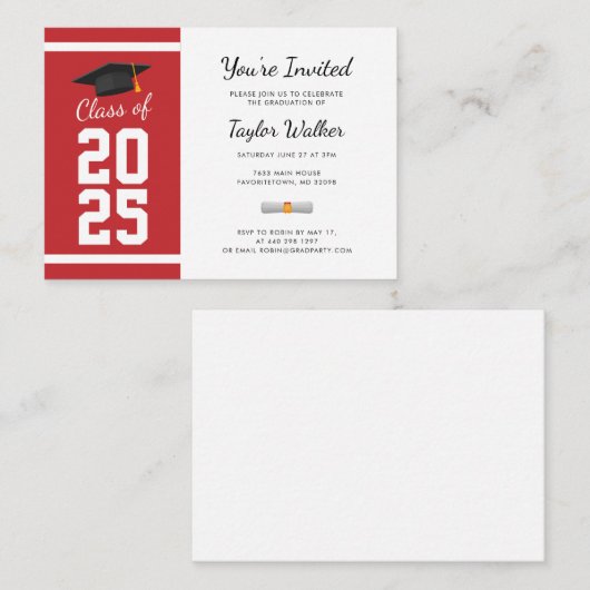 シンプルミニ卒業2025赤パーティの招待状 エンクロージャーカード (正面/裏面)