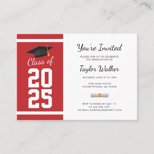 シンプルミニ卒業2025赤パーティの招待状 エンクロージャーカード (正面)