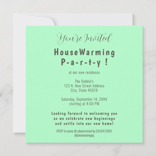シンプルミントシーフオムグリーン引っ越し祝いパーティー招待状 案内状 (正面)