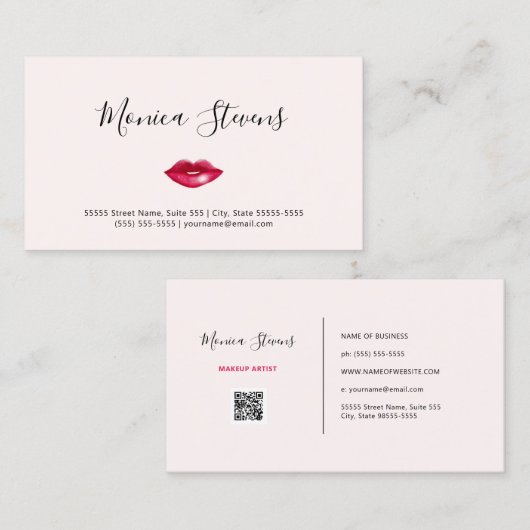 シンプルメイクアップアーティストシックなピンクの唇とQRコード 名刺 (正面/裏面)