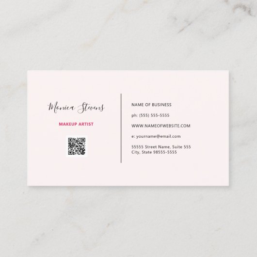 シンプルメイクアップアーティストシックなピンクの唇とQRコード 名刺 (裏面)