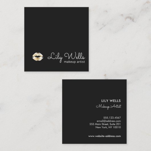 シンプルメイクアップアーティスト金ゴールドリップブラックスクエア スクエア名刺 (正面/裏面)