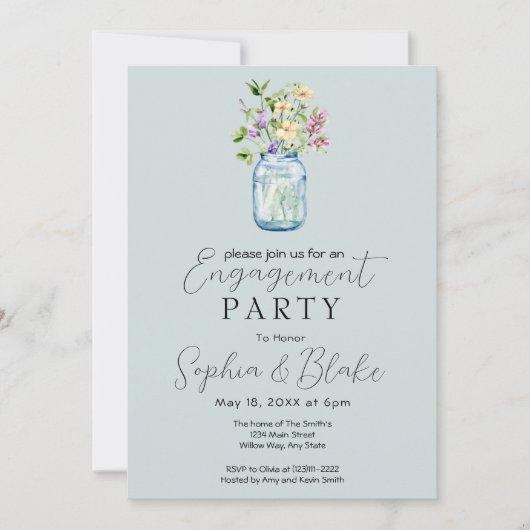 シンプルメイソンジャールブーケブルー婚約パーティ 招待状 (正面)