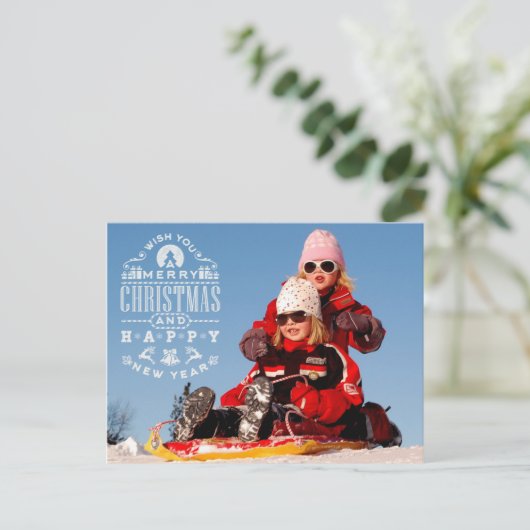 シンプルメリークリスマスとハッピーニューイヤー写真 ポストカード (スタンド正面)