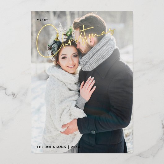 シンプルメリークリスマスコットン冬の結婚式の写真 箔シーズンカード (正面)