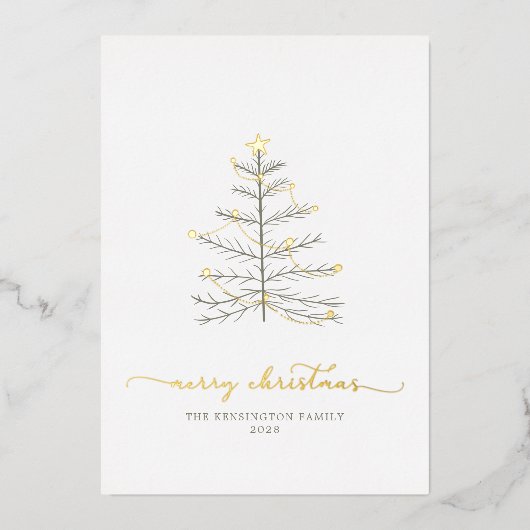 シンプルメリークリスマスツリースクリプトタイポグラフィ 箔シーズンカード (正面)