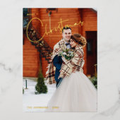 シンプルメリークリスマス赤い格子冬の写真 箔シーズンカード (正面)