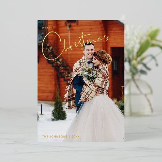 シンプルメリークリスマス赤い格子冬の写真 箔シーズンカード (立ち正面)