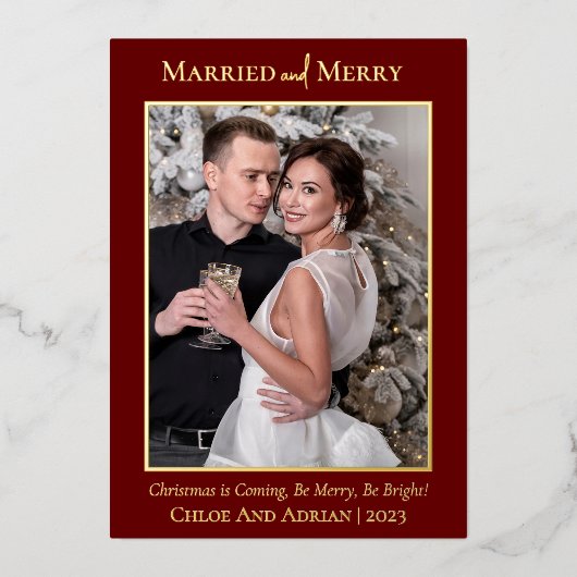 シンプルメリー結婚したChristmas Photo 箔シーズンカード (正面)