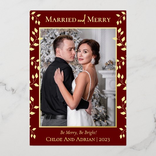 シンプルメリー結婚したChristmas Photo 箔シーズンカード (正面)
