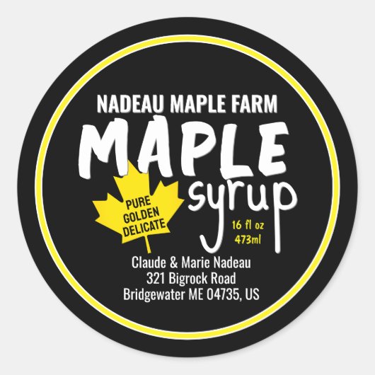 シンプルメープルシロップ瓶またはジャグラベル黄葉 ラウンドシール (正面)