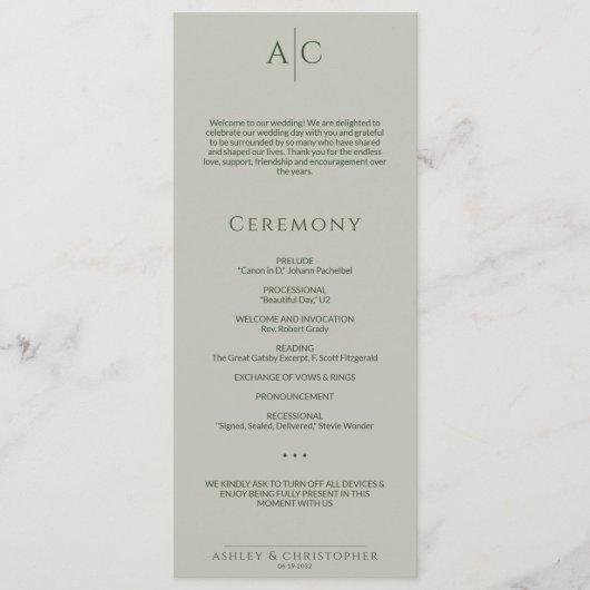 シンプルモス&セージ緑モノグラム結婚の式 プログラム (正面)