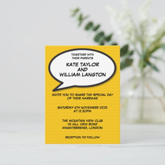 シンプルモダンおもしろい漫画結婚帳 インビテーションポストカード (スタンド正面)