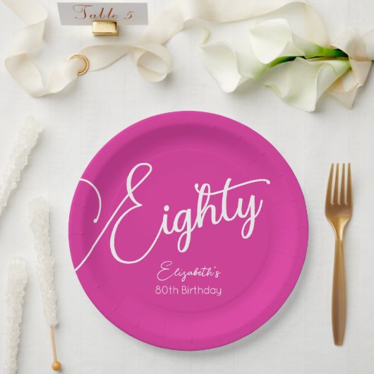 シンプルモダンなスクリプトピンク80th誕生日パーティー ペーパープレート (ウェディング)