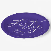 シンプルモダンなスクリプト紫40歳の誕生日パーティー ペーパープレート (アングル)