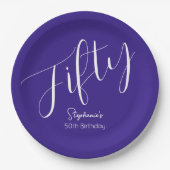 シンプルモダンなスクリプトPurple 50誕生日 ペーパープレート (正面)