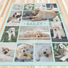 シンプルモダンなティールブルーとグレーの犬の写真コラージュ フリースブランケット