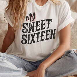 シンプルモダンなブラックとピンクのSweet Sixteen テキスト Tシャツ