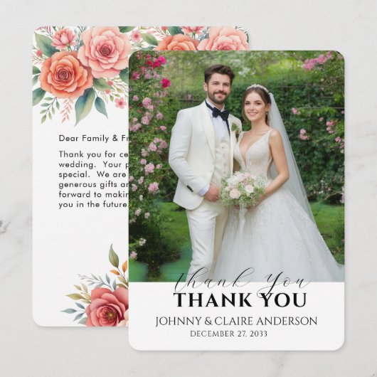 シンプルモダンな写真付き結婚式御礼カードメッセージ サンキューカード (正面/裏面)