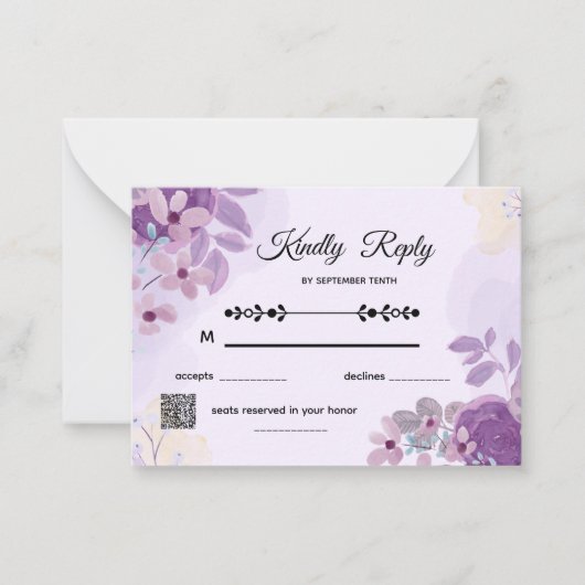 シンプルモダンな紫の花柄結婚式RSVPカード ノートカード (正面)