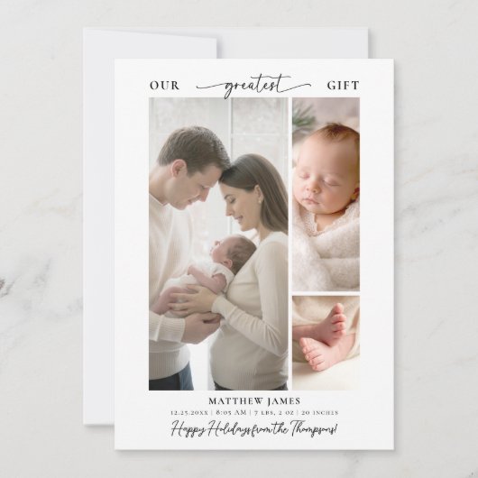 シンプルモダンな赤ちゃんの3つの写真を飾るクリスマスギフト シーズンカード (正面)