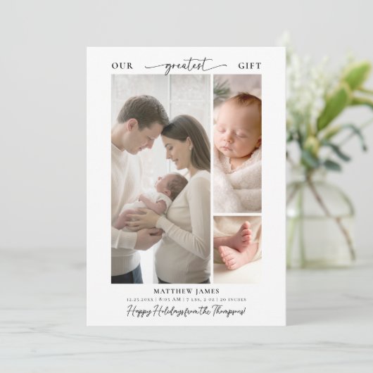 シンプルモダンな赤ちゃんの3つの写真を飾るクリスマスギフト シーズンカード (スタンド正面)
