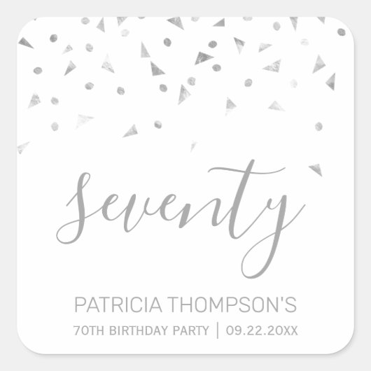 シンプルモダンな銀の紙吹雪 70歳の誕生日 スクエアシール (正面)