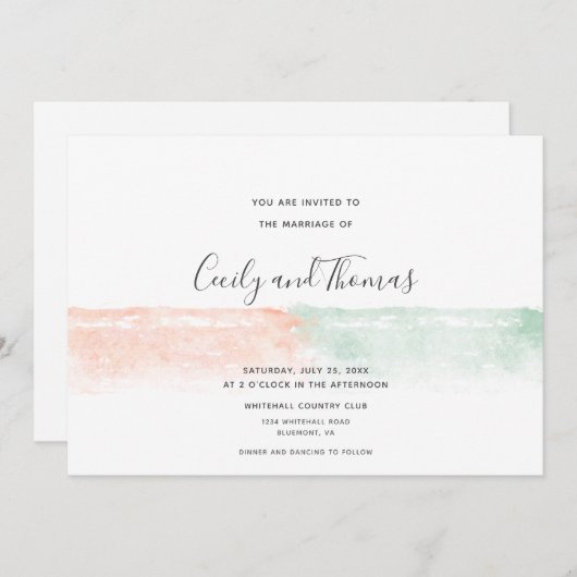 シンプルモダンアプリコットと緑の水の色のスプラッシュ 招待状 (正面/裏面)