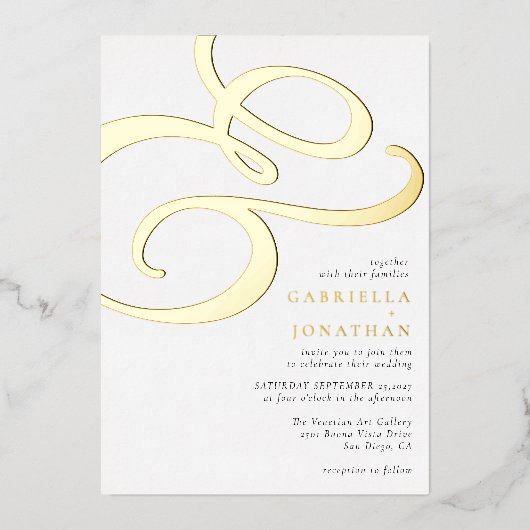 シンプルモダンアンパ結婚サンド黒金ゴールド 箔招待状 (正面)