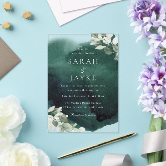 シンプルモダンエメラルドグリーン結婚リーフ アクリル招待状 (インサイチュ (ウェディング))