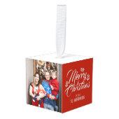 シンプルモダンエレガントクリスマス3家族の写真 キューブオーナメント (正面アングル)