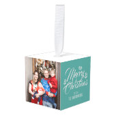 シンプルモダンエレガントクリスマス3家族の写真 キューブオーナメント (正面アングル)