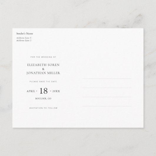 シンプルモダンエレガント写真の日付を保存結婚する インビテーションポストカード (裏面)
