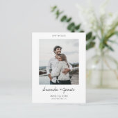 シンプルモダンエレガント写真の日付を保存結婚する 案内ポストカード (スタンド正面)