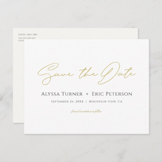 シンプルモダンエレガント金ゴールド結婚式の日付の保存 案内ポストカード (正面/裏面)