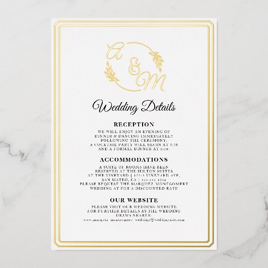 シンプルモダンエレガント金ホイル結婚詳細 箔招待状 (正面)
