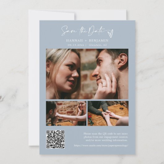 シンプルモダンエレガントDusty Blue QRコード写真 セーブザデート (裏面)