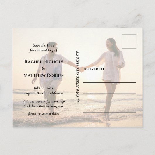 シンプルモダンエレガントScript Photo日付の保存 案内ポストカード (裏面)