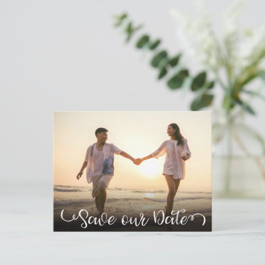 シンプルモダンエレガントScript Photo日付の保存 案内ポストカード (スタンド正面)