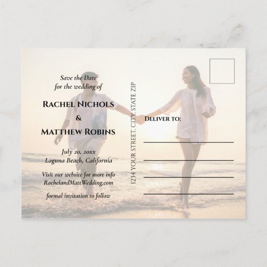 シンプルモダンエレガントScript Photo日付の保存 案内ポストカード (裏面)