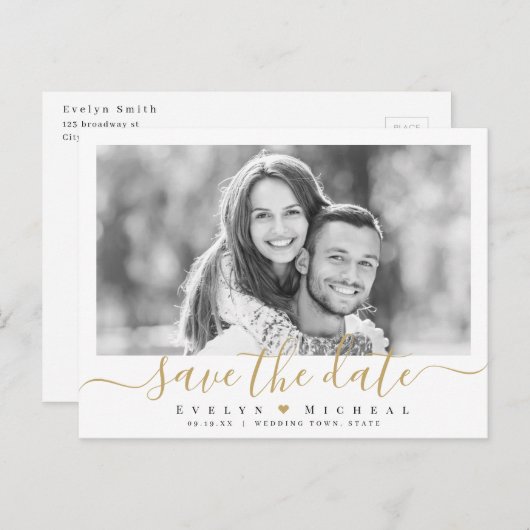 シンプルモダンエレガントscript photo save date ポストカード (正面/裏面)